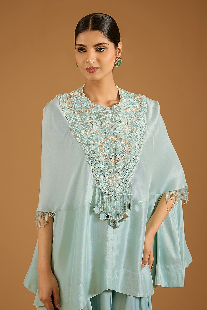 Powder Blue China Dupion Mirror Work Cape Set by Minaxi Dadoo at Pernia's Pop Up Shop