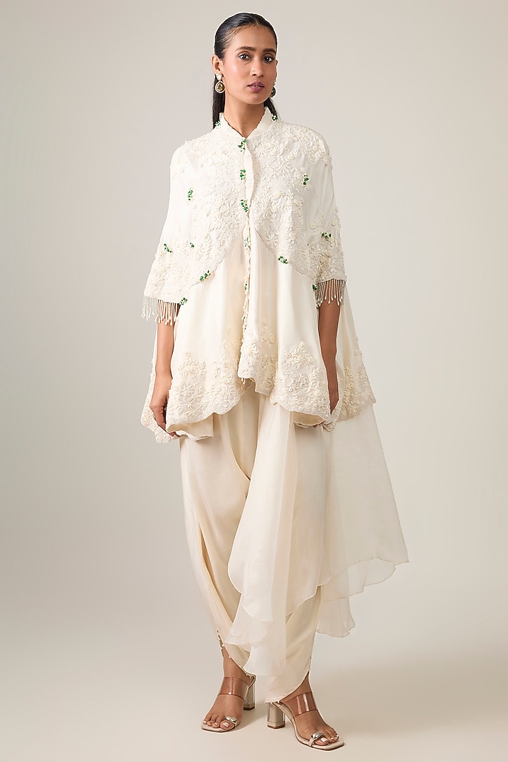 Ivory Silk & Organza Moti Work Cape Set by Minaxi Dadoo at Pernia's Pop Up Shop
