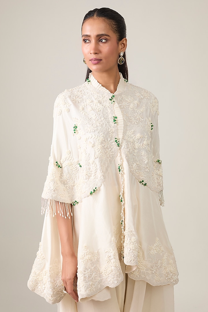 Ivory Silk & Organza Moti Work Cape Set by Minaxi Dadoo at Pernia's Pop Up Shop