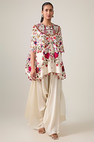 Ivory Dupion & Satin Moti Work Cape Set by Minaxi Dadoo
