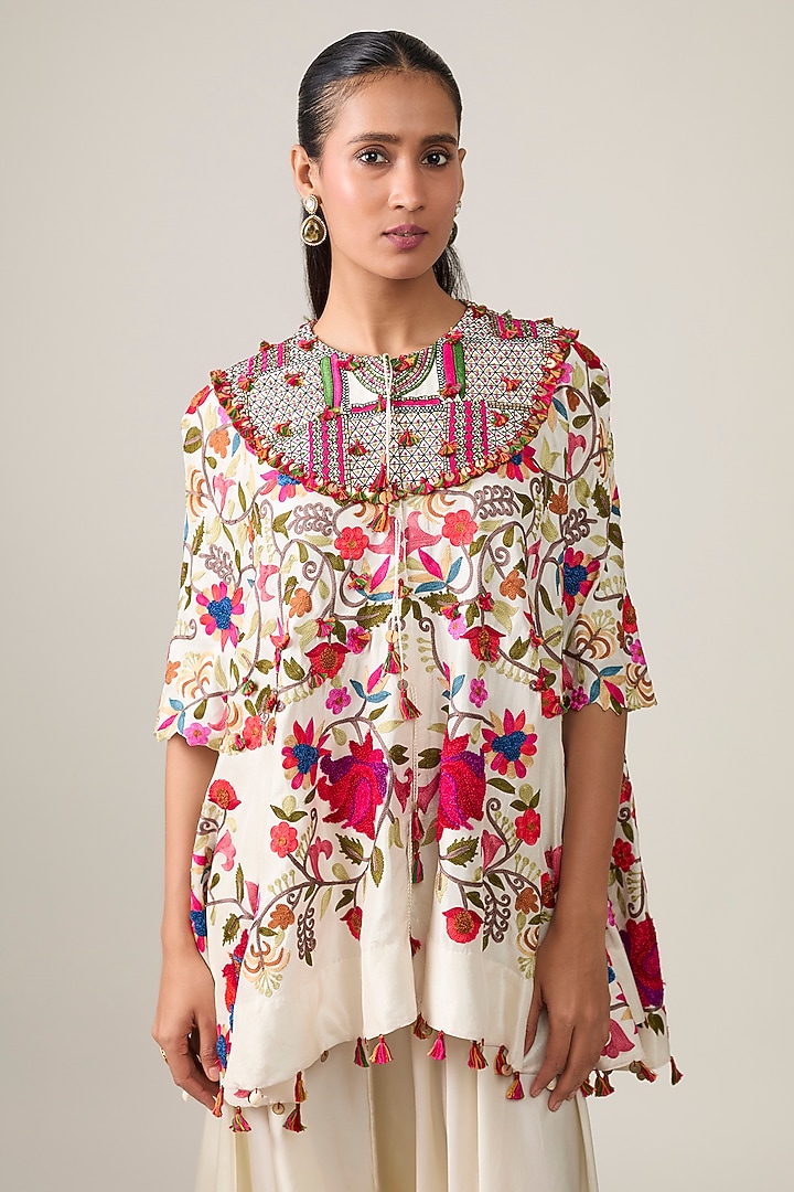 Ivory Dupion & Satin Moti Work Cape Set by Minaxi Dadoo at Pernia's Pop Up Shop