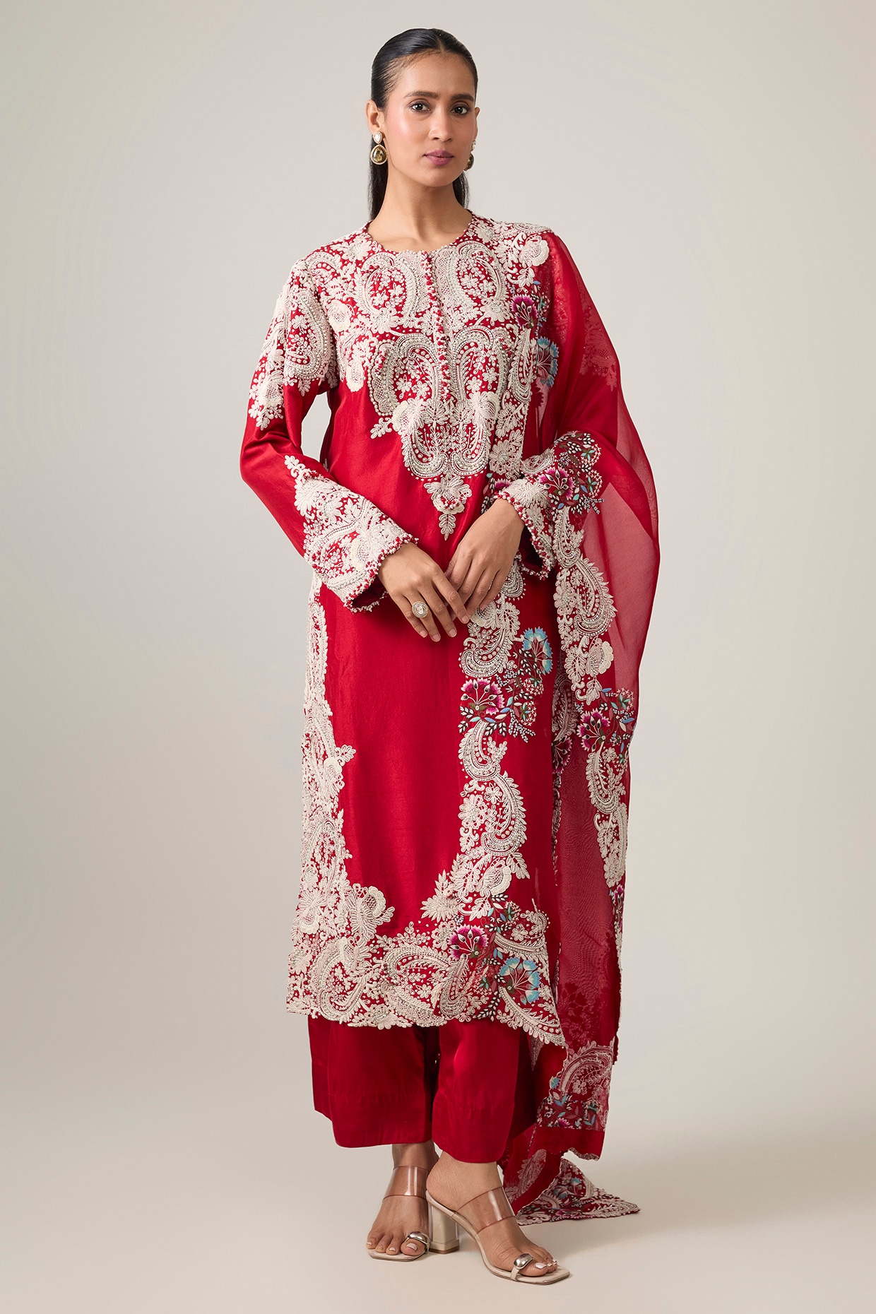Minaxi Dadoo Red Dupion Embroidered Straight Kurta Set
