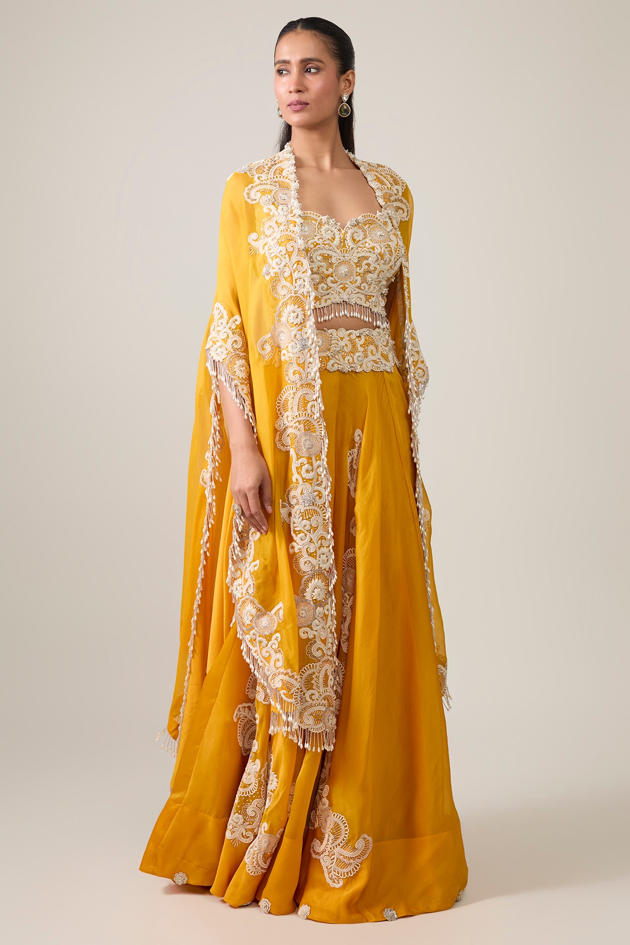 Minaxi Dadoo Mango Yellow Organza Embroidered Cape Set