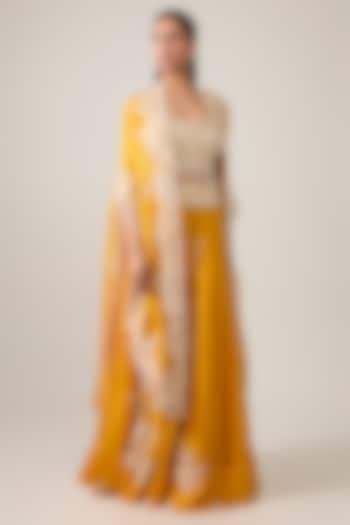 Mango Yellow Organza Embroidered Cape Set by Minaxi Dadoo at Pernia's Pop Up Shop