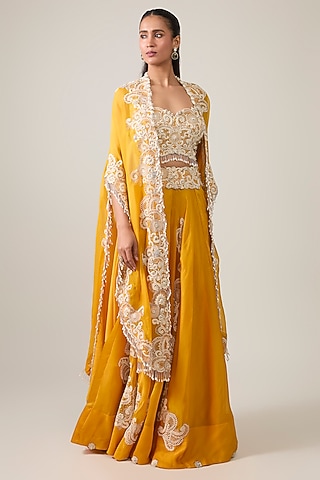 Mango Yellow Organza Embroidered Cape Set by Minaxi Dadoo