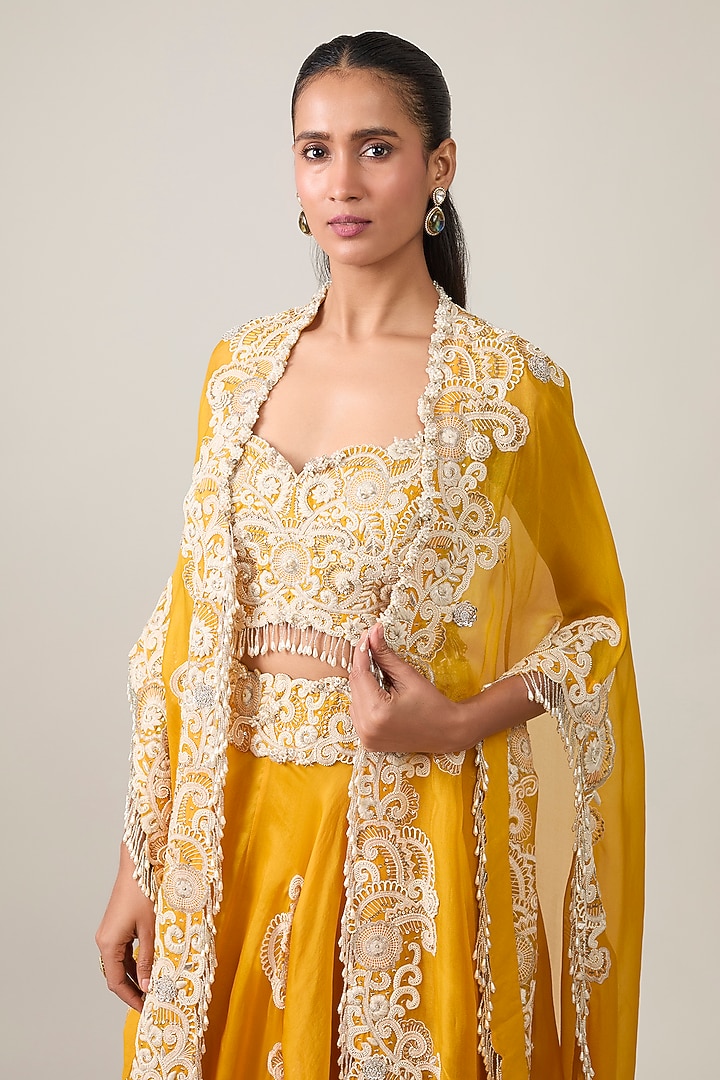 Mango Yellow Organza Embroidered Cape Set by Minaxi Dadoo at Pernia's Pop Up Shop