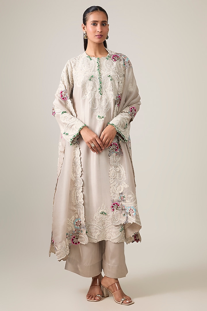 Steel Grey Dupion Dori Work Straight Kurta Set by Minaxi Dadoo at Pernia's Pop Up Shop