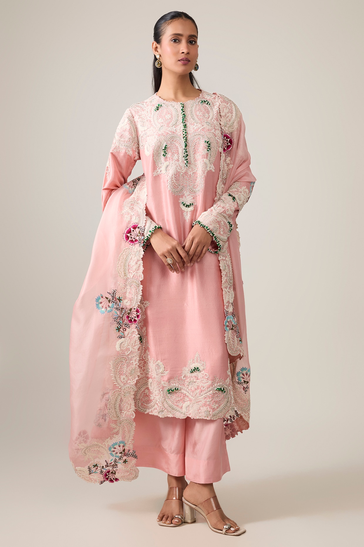 Minaxi Dadoo Blush Pink Dupion Dori Work Straight Kurta Set