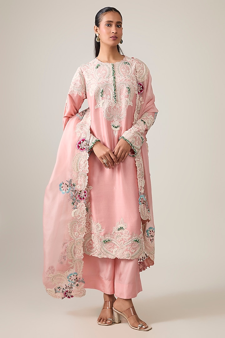 Blush Pink Dupion Dori Work Straight Kurta Set by Minaxi Dadoo at Pernia's Pop Up Shop
