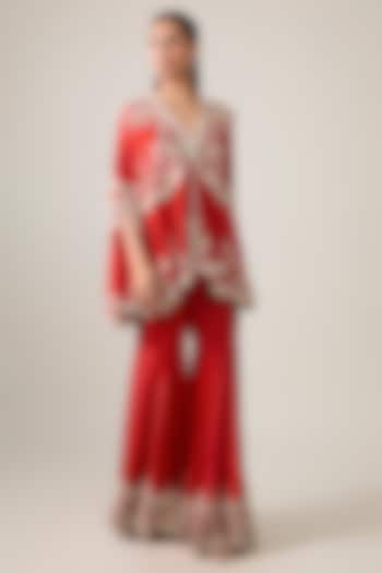 Red Silk & Organza Embroidered Gharara Set by Minaxi Dadoo at Pernia's Pop Up Shop
