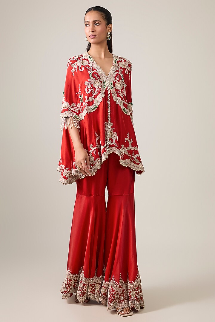Red Silk & Organza Embroidered Gharara Set by Minaxi Dadoo at Pernia's Pop Up Shop