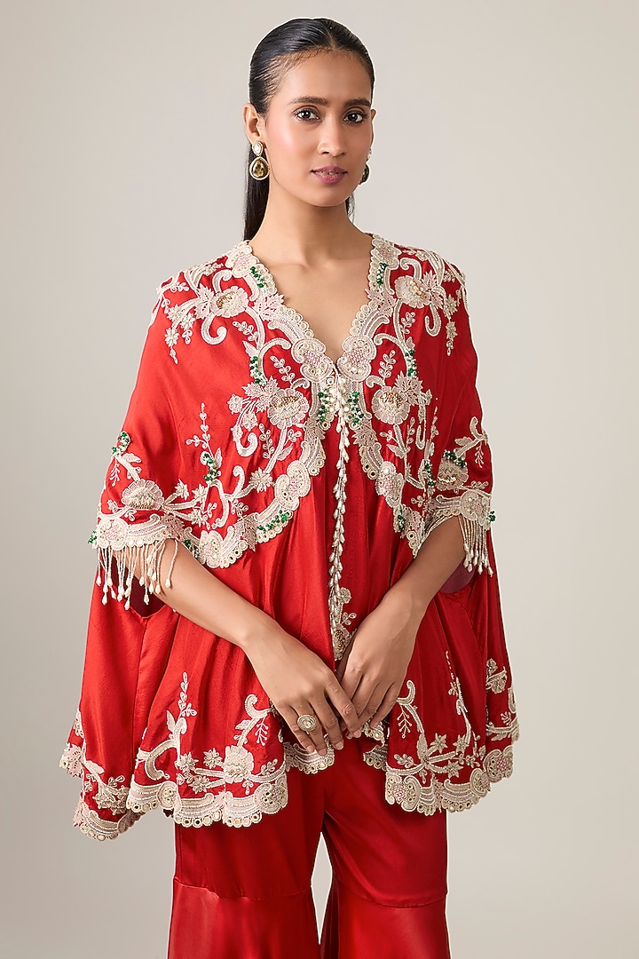 Red Silk & Organza Embroidered Gharara Set by Minaxi Dadoo at Pernia's Pop Up Shop