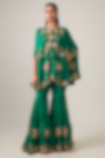 Green Silk & Organza Embroidered Gharara Set by Minaxi Dadoo at Pernia's Pop Up Shop