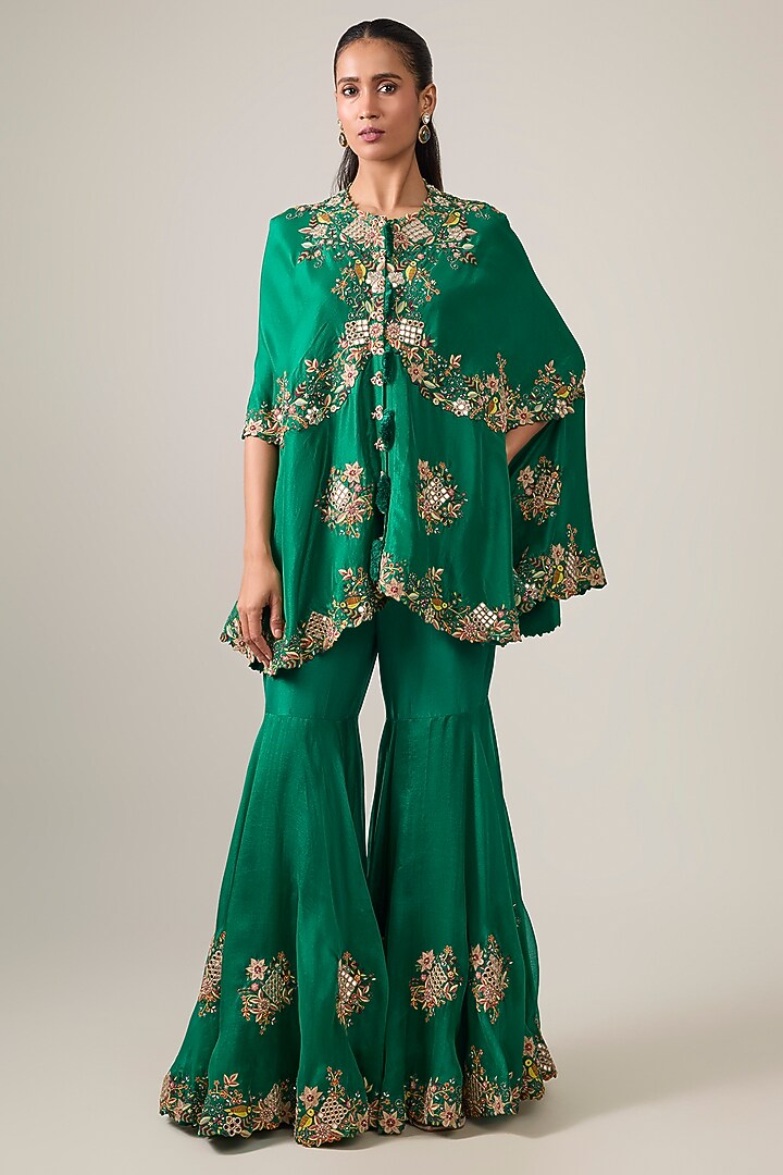 Green Silk & Organza Embroidered Gharara Set by Minaxi Dadoo at Pernia's Pop Up Shop