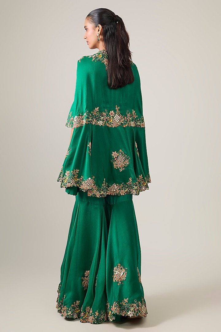 Green Silk & Organza Embroidered Gharara Set by Minaxi Dadoo at Pernia's Pop Up Shop