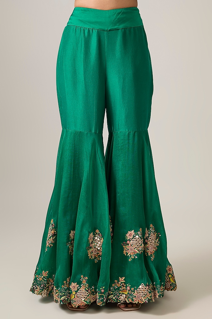 Green Silk & Organza Embroidered Gharara Set by Minaxi Dadoo at Pernia's Pop Up Shop