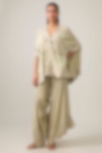 Sage Green China Dupion Embroidered Cape Set by Minaxi Dadoo at Pernia's Pop Up Shop