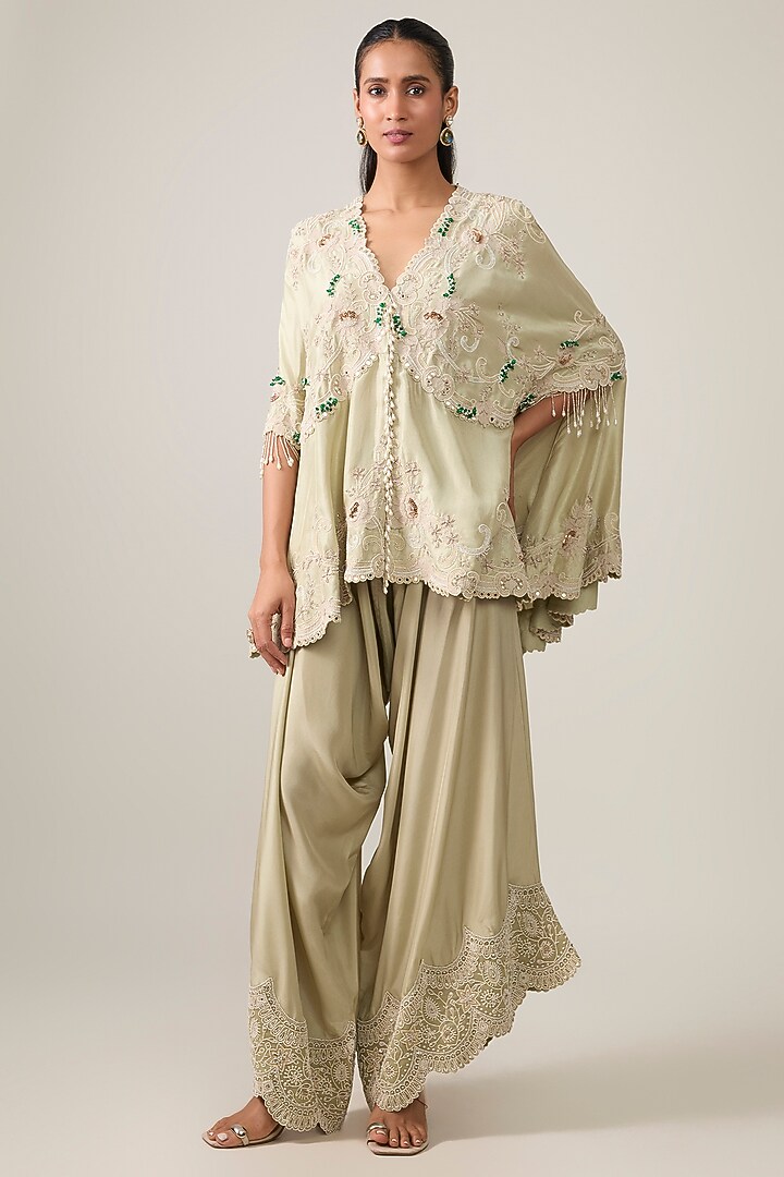 Sage Green China Dupion Embroidered Cape Set by Minaxi Dadoo at Pernia's Pop Up Shop