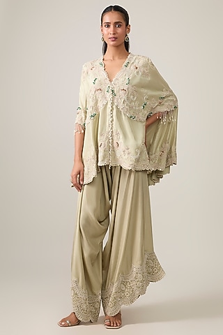 Sage Green China Dupion Embroidered Cape Set by Minaxi Dadoo