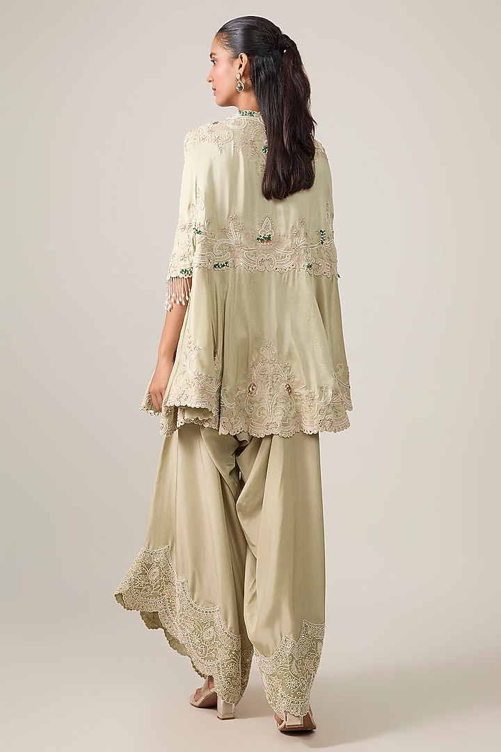 Sage Green China Dupion Embroidered Cape Set by Minaxi Dadoo at Pernia's Pop Up Shop