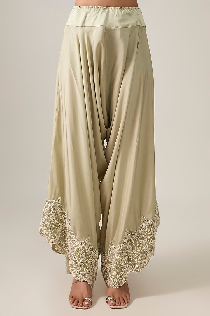Sage Green China Dupion Embroidered Cape Set by Minaxi Dadoo at Pernia's Pop Up Shop