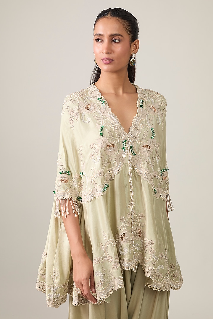 Sage Green China Dupion Embroidered Cape Set by Minaxi Dadoo at Pernia's Pop Up Shop