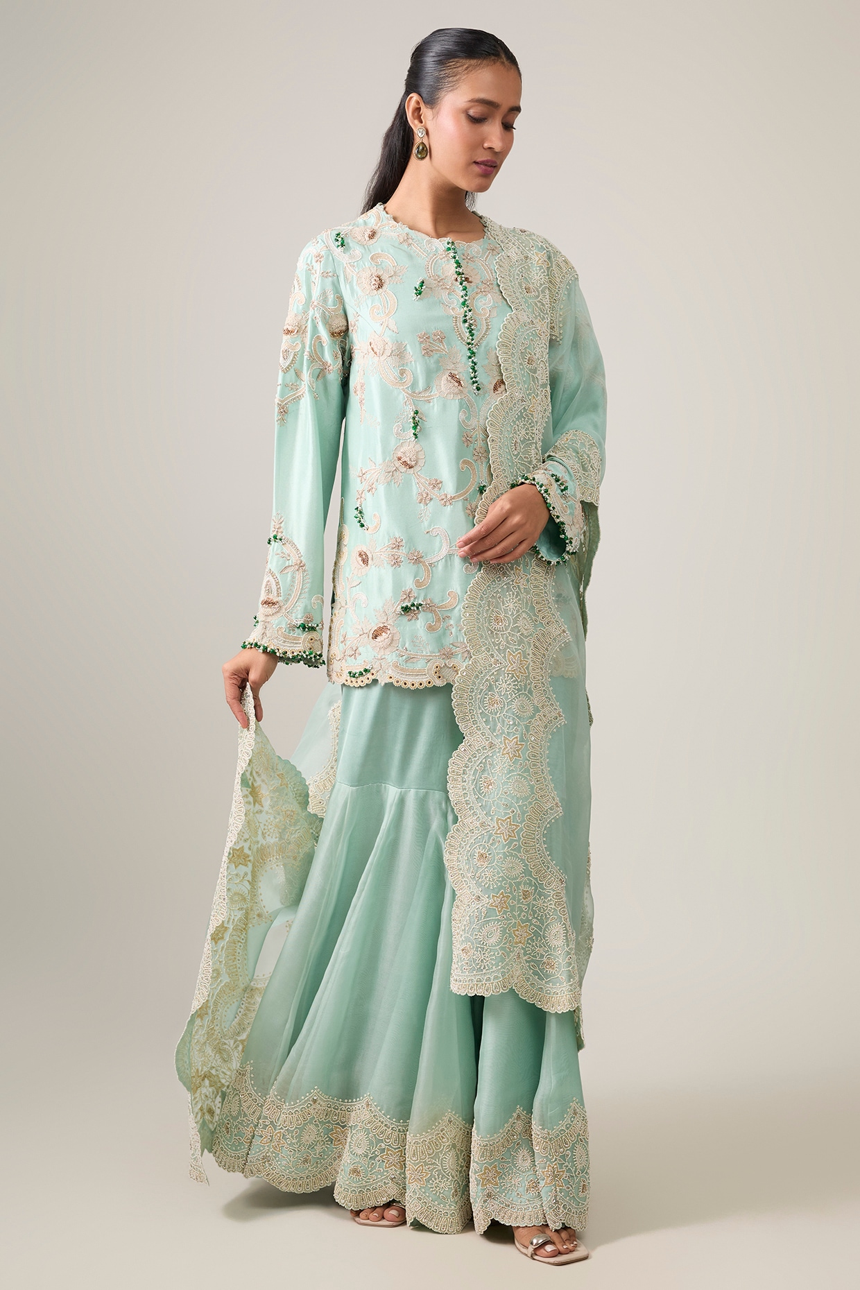 Minaxi Dadoo Powder Blue Organza Pearl Work Gharara Set