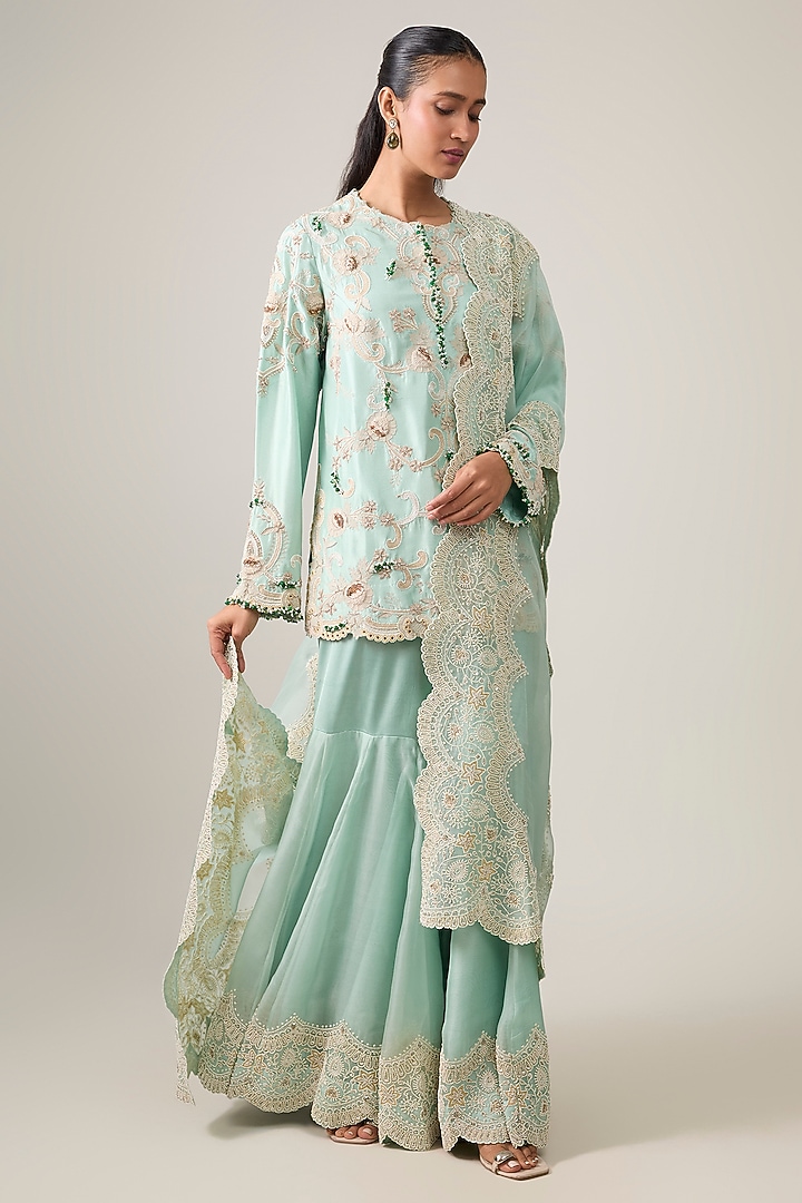Powder Blue Organza Pearl Work Gharara Set by Minaxi Dadoo at Pernia's Pop Up Shop