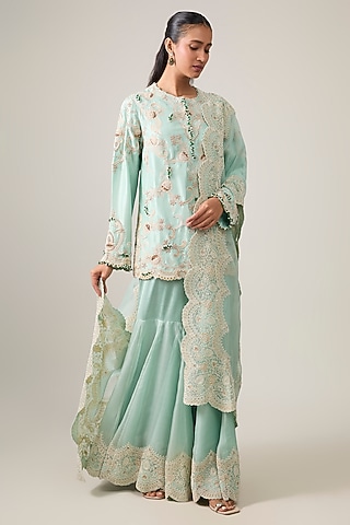 Powder Blue Organza Pearl Work Gharara Set by Minaxi Dadoo