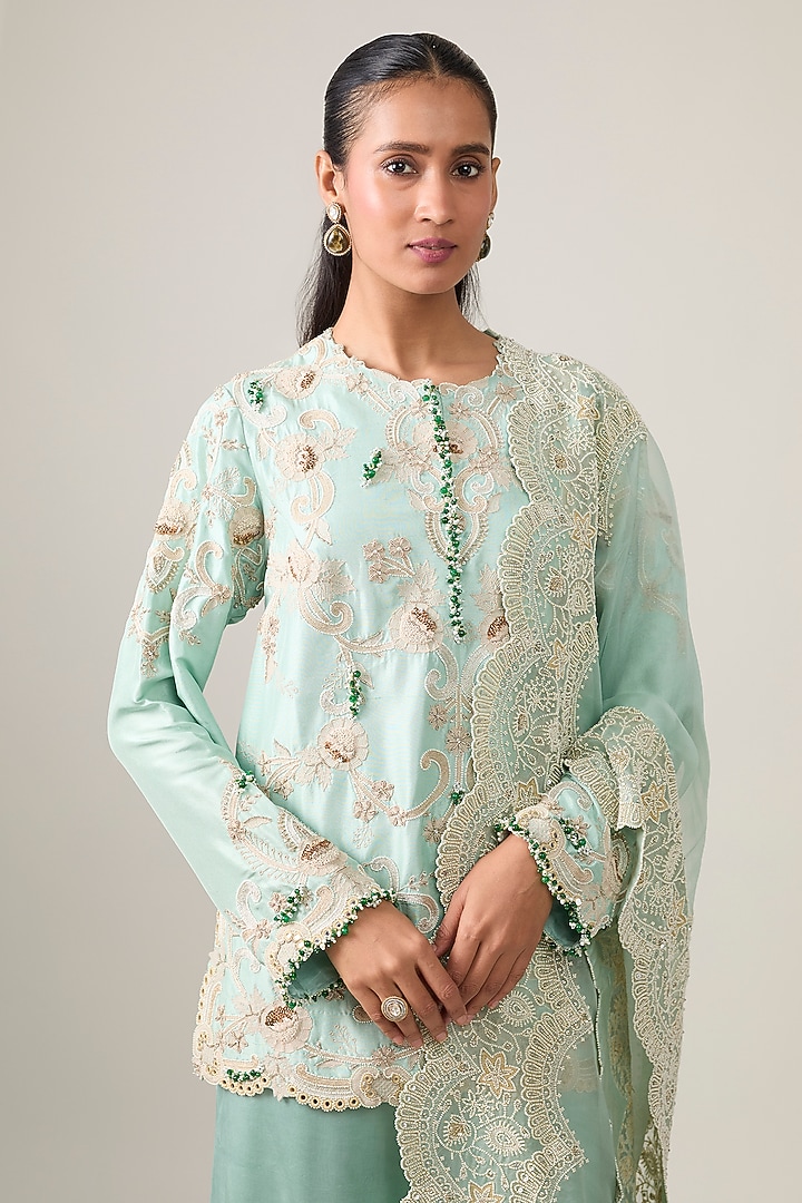 Powder Blue Organza Pearl Work Gharara Set by Minaxi Dadoo at Pernia's Pop Up Shop