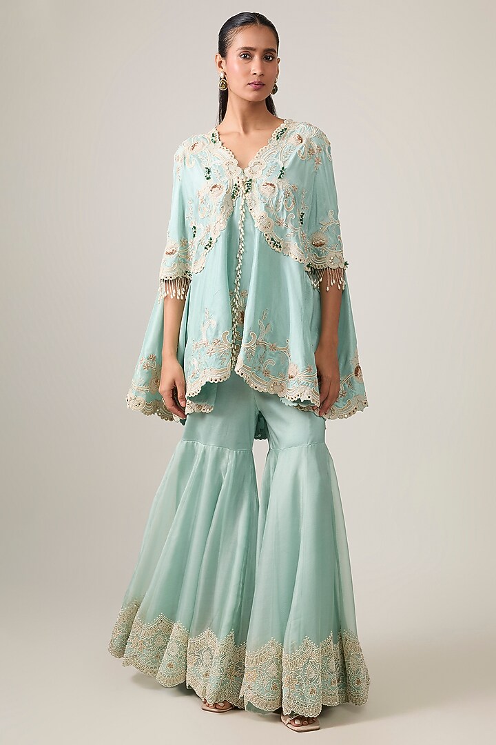 Powder Blue Silk & Organza Pearl Work Gharara Set by Minaxi Dadoo at Pernia's Pop Up Shop