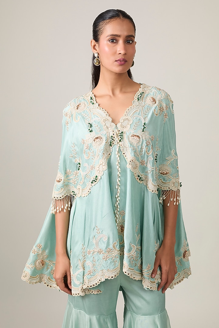 Powder Blue Silk & Organza Pearl Work Gharara Set by Minaxi Dadoo at Pernia's Pop Up Shop