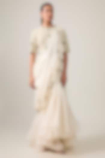 Ivory Organza & Silk Mirror Work Draped Skirt Bridal Saree Set by Minaxi Dadoo at Pernia's Pop Up Shop