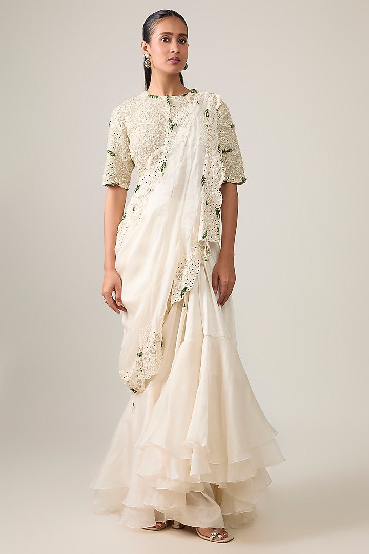 Ivory Organza & Silk Mirror Work Draped Skirt Bridal Saree Set by Minaxi Dadoo at Pernia's Pop Up Shop