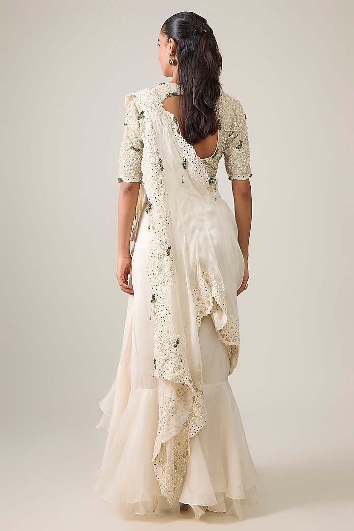 Ivory Organza & Silk Mirror Work Draped Skirt Bridal Saree Set by Minaxi Dadoo at Pernia's Pop Up Shop