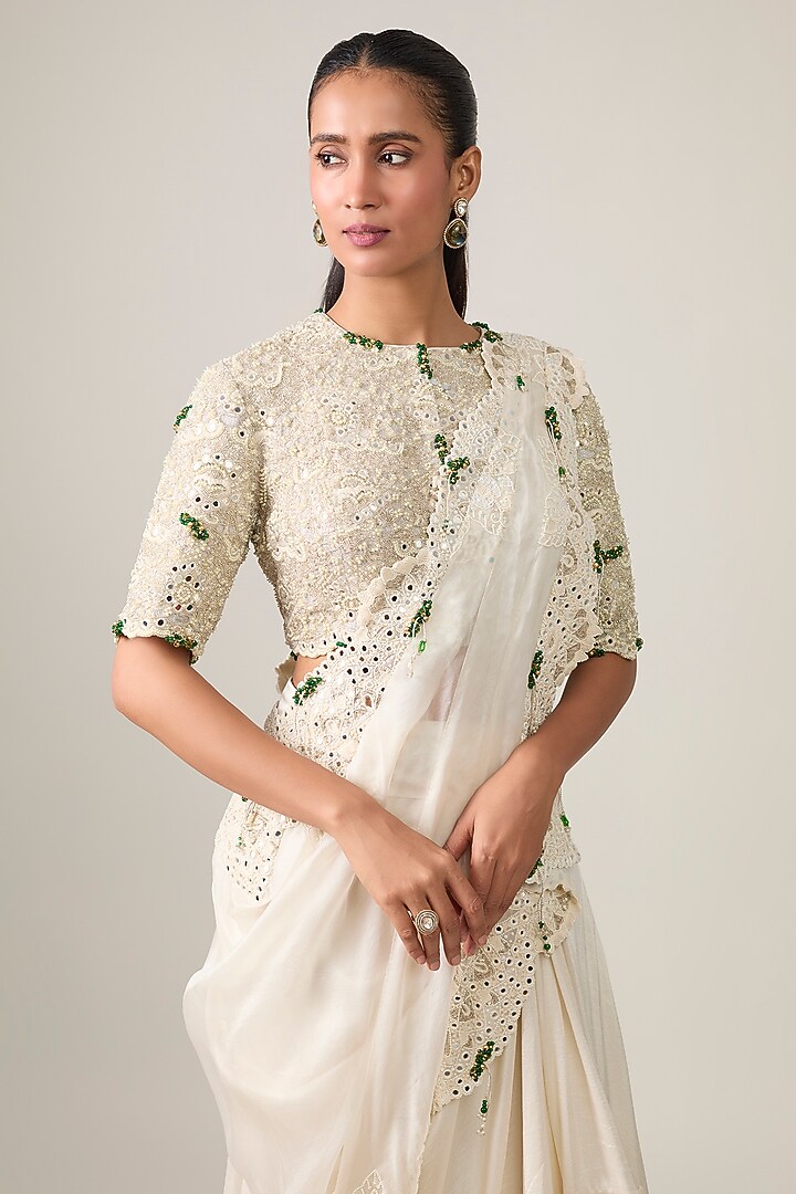 Ivory Organza & Silk Mirror Work Draped Skirt Bridal Saree Set by Minaxi Dadoo at Pernia's Pop Up Shop