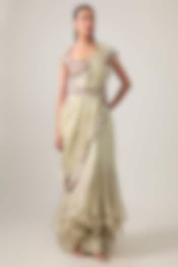 Olive Green Silk & Organza Mirror Work Draped Skirt Bridal Saree Set by Minaxi Dadoo at Pernia's Pop Up Shop