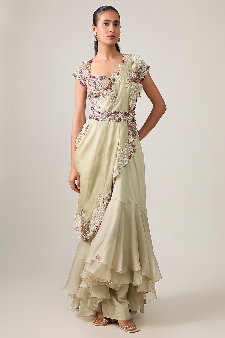 Olive Green Silk & Organza Mirror Work Draped Skirt Bridal Saree Set by Minaxi Dadoo at Pernia's Pop Up Shop