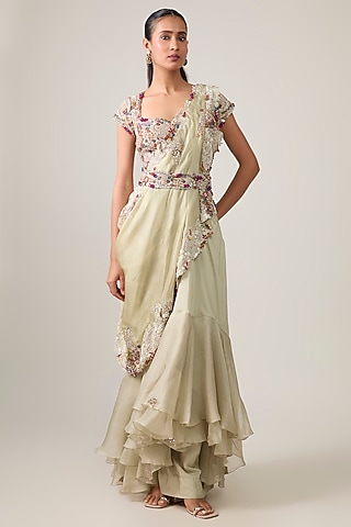 Olive Green Silk & Organza Mirror Work Draped Skirt Saree Set by Minaxi Dadoo