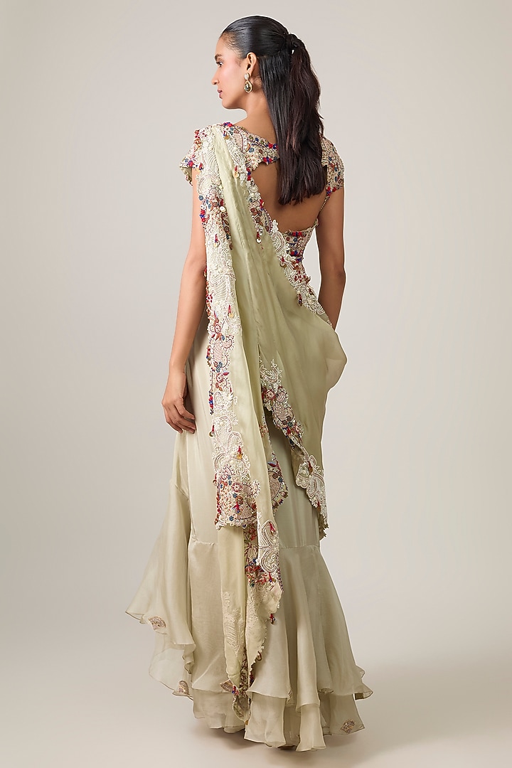 Olive Green Silk & Organza Mirror Work Draped Skirt Bridal Saree Set by Minaxi Dadoo at Pernia's Pop Up Shop