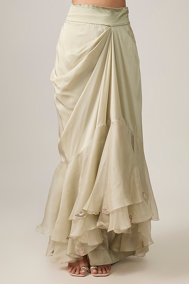 Olive Green Silk & Organza Mirror Work Draped Skirt Bridal Saree Set by Minaxi Dadoo at Pernia's Pop Up Shop