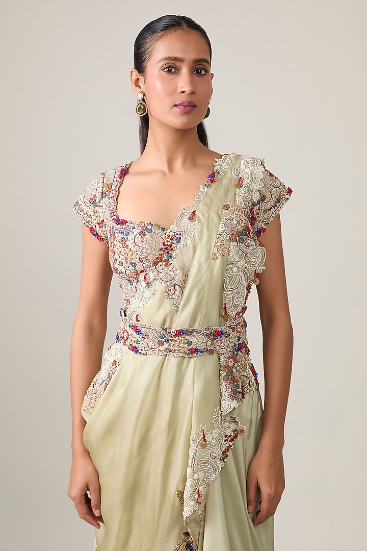 Olive Green Silk & Organza Mirror Work Draped Skirt Bridal Saree Set by Minaxi Dadoo at Pernia's Pop Up Shop