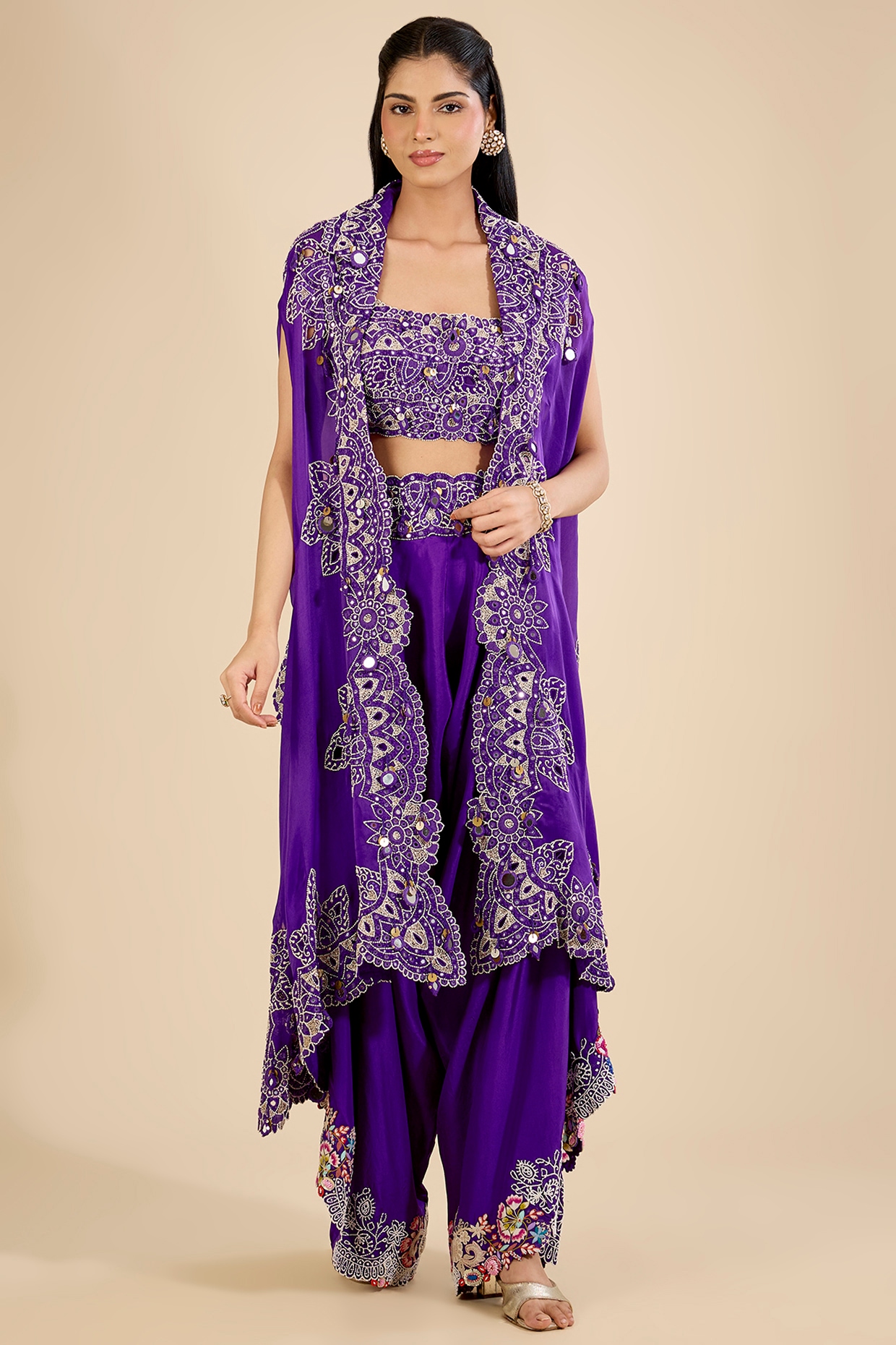Minaxi Dadoo Purple Organza Mirror Work Cape Set
