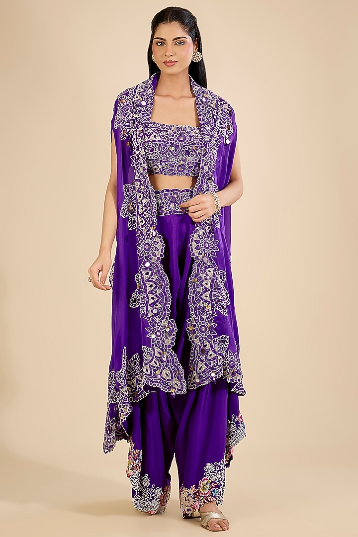 Purple Organza Mirror Work Cape Set by Minaxi Dadoo at Pernia's Pop Up Shop