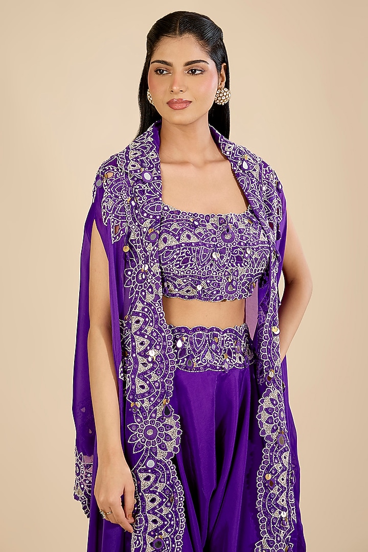 Purple Organza Mirror Work Cape Set by Minaxi Dadoo at Pernia's Pop Up Shop