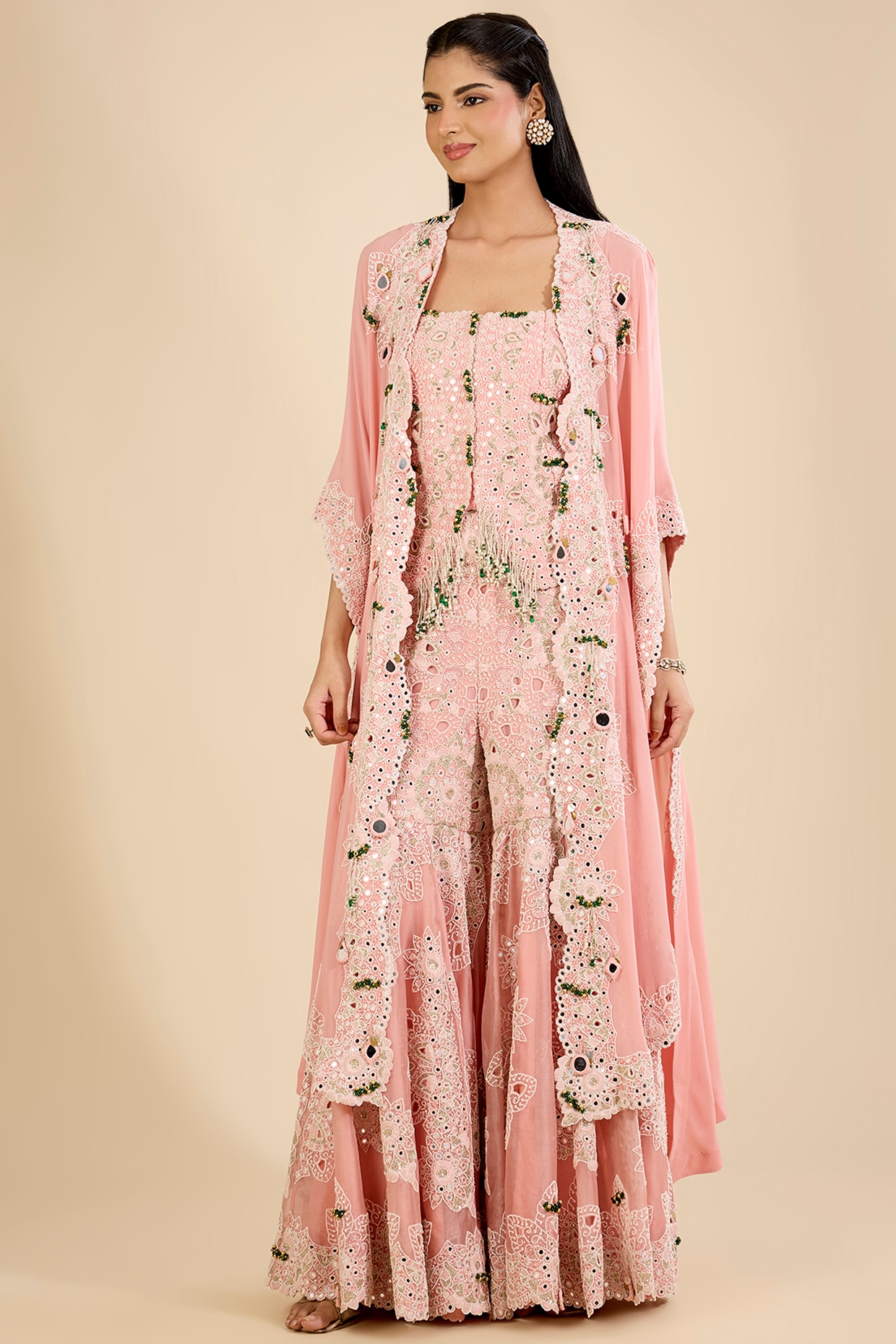 Minaxi Dadoo Blush Pink Organza Mirror Work Gharara Set