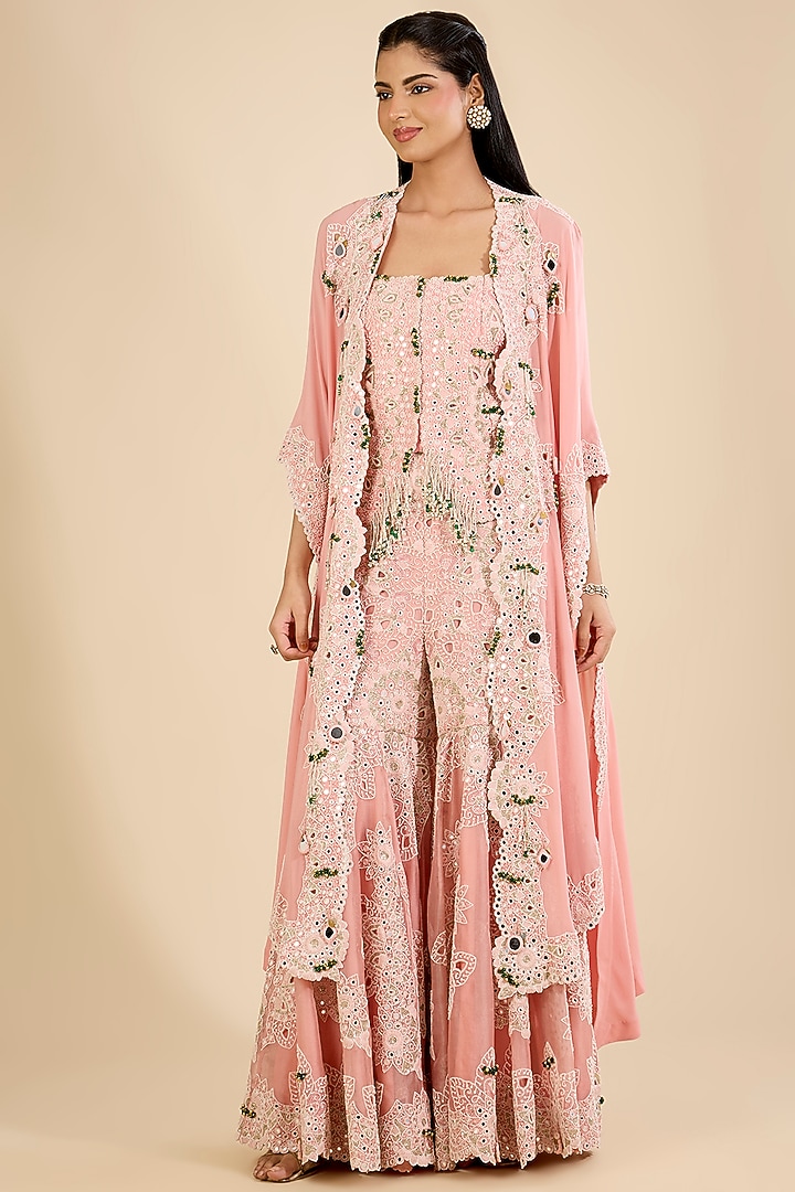 Blush Pink Organza Mirror Work Gharara Set by Minaxi Dadoo at Pernia's Pop Up Shop
