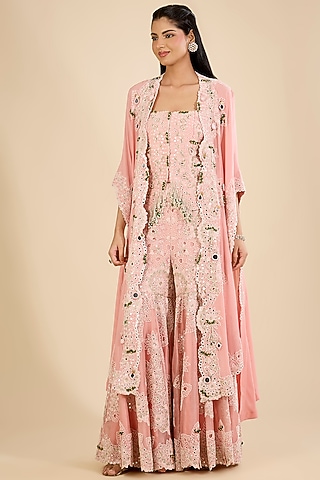 Blush Pink Organza Mirror Work Gharara Set by Minaxi Dadoo