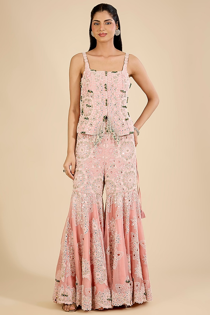 Blush Pink Organza Mirror Work Gharara Set by Minaxi Dadoo at Pernia's Pop Up Shop