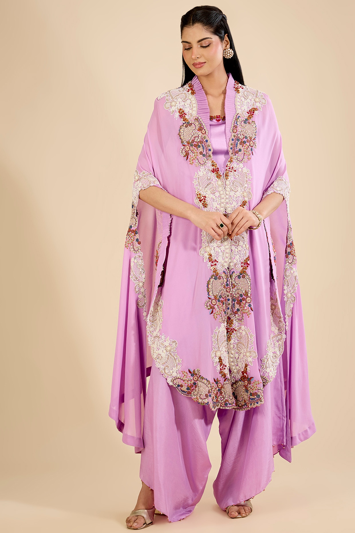 Minaxi Dadoo Lavender Silk Embroidered Cape Set